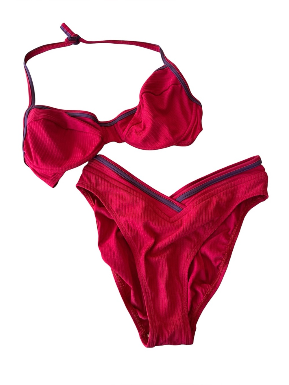 Vintage 90s Swim Systems Red Purple Ribbed High V Waist Bikini Size Large
